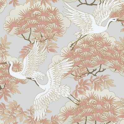 Ronald Redding Design's Tea Garden Collection Sprig and Heron Wallpaper in Coral